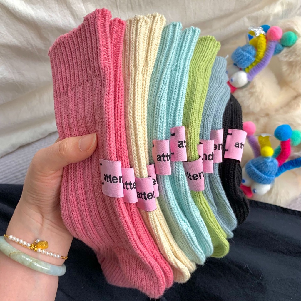 ถุงเท้าข้อกลาง ผ้าถัก แบบหนา ลายฉลาก สีชมพู สไตล์เกาหลี และญี่ปุ่น เรโทร สําหรับคู่รัก