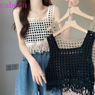 Cabeza เสื้อครอปท็อปลําลอง ผ้าถักโครเชต์ ทรงหลวม แต่งพู่ ฉลุลาย สไตล์หวานแหวว สําหรับผู้หญิง