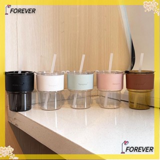 Forever ขวดน้ําแก้วกาแฟใส พร้อมหลอดดูด และฝาปิด 400 มล.