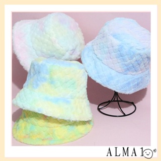 Alma หมวกบักเก็ต หมวกชาวประมง ขนเฟอร์เทียม แบบหนานุ่ม กันแดด สีมัดย้อม อบอุ่น แฟชั่นสําหรับผู้หญิง