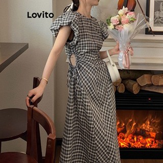 Lovito ชุดเดรสแขนพัฟ ลําลอง ลาย Gingham สําหรับผู้หญิง LNA16019 (สีดําและสีขาว)