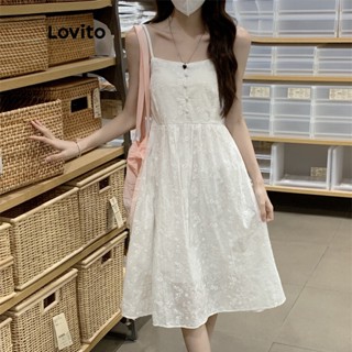 Lovito ชุดเดรส Midi Dress แขนกุด ทรงเอ ปักลายตาไก่ สไตล์โบโฮ สําหรับสตรี LNE09196 (สีขาว)