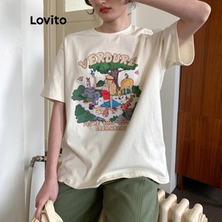 Lovito เสื้อยืด คอกลม ลายการ์ตูน สไตล์ลำลอง สำหรับผู้หญิง LNE13019 (สีขาว)