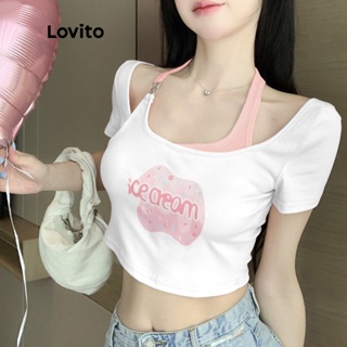 Lovito เสื้อยืดครอป ลำลอง แขนสั้น ลายการ์ตูน โลหะ สำหรับผู้หญิง LNA14083 (สีขาว)