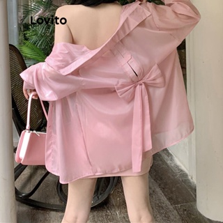 Lovito เสื้อเบลาส์ลำลอง แขนยาว ผูกโบว์หลัง สำหรับผู้หญิง LNA13099 (สีขาว/ชมพู)