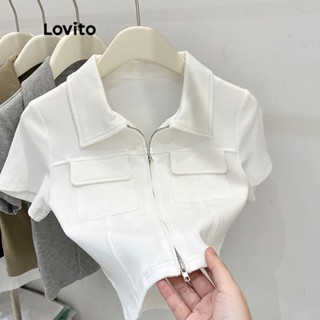 Lovito เสื้อครอปลำลอง คอปก แขนสั้น สีพื้น ผ้าถัก สำหรับผู้หญิง LNA14062 (สีขาว)