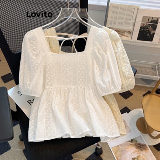 Lovito เสื้อเบลาส์ แขนพัฟ ปักลายตาไก่ ลําลอง สําหรับผู้หญิง LNE16177 (สีขาว)