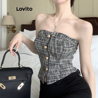 Lovito เสื้อท็อปส์ ลําลอง แต่งกระดุม สําหรับผู้หญิง LNE16058 (สีดําและสีขาว)