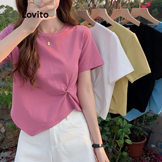 Lovito เสื้อยืดลําลอง แขนสั้น Ruched สําหรับผู้หญิง LNA09287 (สีชมพู)