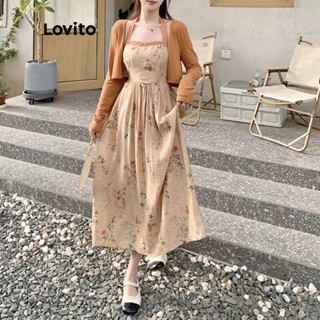 Lovito ชุดเดรส Midi Dress ทรงเอ แขนกุด ลายดอกไม้ ลําลอง สําหรับผู้หญิง LNA14020 (สีส้ม)