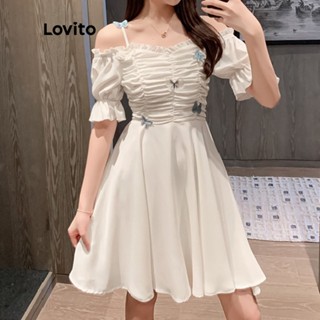 Lovito ชุดมินิเดรสำลอง แขนสั้น ผูกโบว์ สีพื้น ทรงบาน สำหรับผู้หญิง LNA14061 (สีขาว)