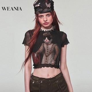 Weania WEANIA เสื้อยืดตาข่าย พิมพ์ลายแมว สไตล์วินเทจ เซ็กซี่ สําหรับผู้หญิง