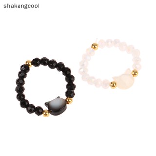 Shakangcool แหวนลูกปัด รูปแมวน่ารัก สไตล์มินิมอล แฮนด์เมด สีดํา สีขาว เครื่องประดับ สําหรับผู้หญิง SGL