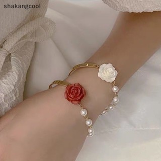 Shakangcool สร้อยข้อมือมุกเทียม รูปดอกกุหลาบ สีแดง ปรับได้ สไตล์เกาหลี สําหรับผู้หญิง เครื่องประดับงานแต่งงาน SGL