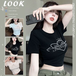 Mini wink crop เสื้อยืดครอป ประดับเพชร กลิตเตอร์ ขนาดเล็ก สําหรับผู้หญิง เสื้อครอป