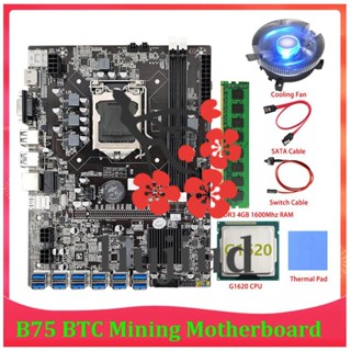 Liujiud เมนบอร์ดขุดเหมือง B75 BTC 12 PCIE เป็น USB LGA1155 DDR3 4GB 1600Mhz RAM G1620 CPU SATA B75 ETH