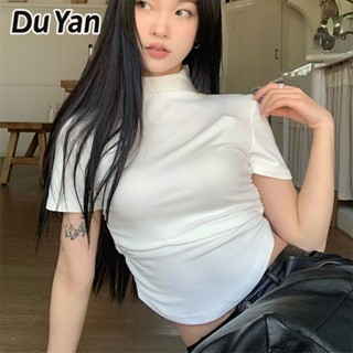 Du Yan เสื้อยืดแขนสั้น คอสูง แขนสั้น ทรงสลิม สีดํา แฟชั่นฤดูร้อน สําหรับผู้หญิง