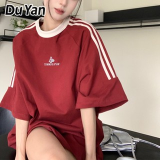 Du Yan เสื้อยืดลําลอง แขนสั้น คอกลม ทรงหลวม สไตล์สปอร์ต สําหรับสตรี