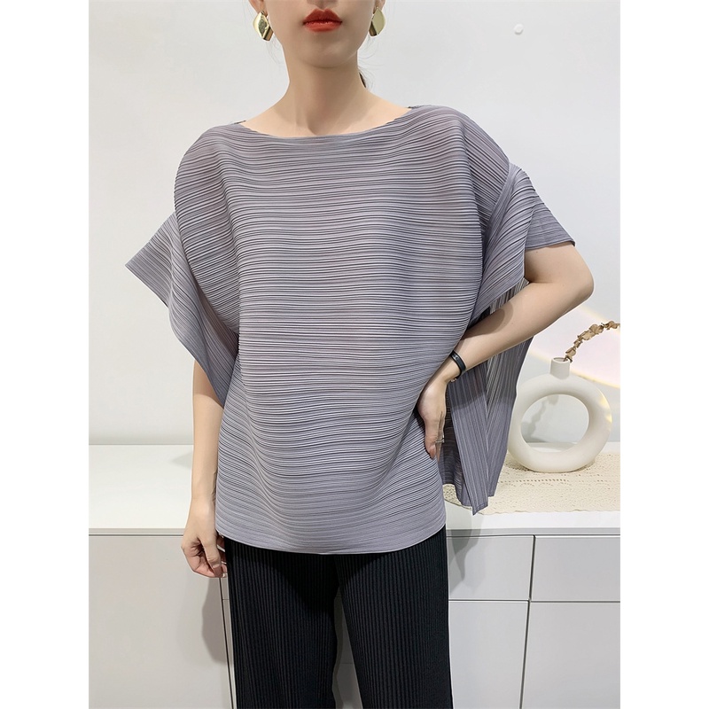 2024 ฤดูร้อนเสื้อยืดสบายลําลองหลวมจีบด้านบนผู้หญิง Niche แขนสั้น Slimmer ดูไม่สม่ําเสมอ Top