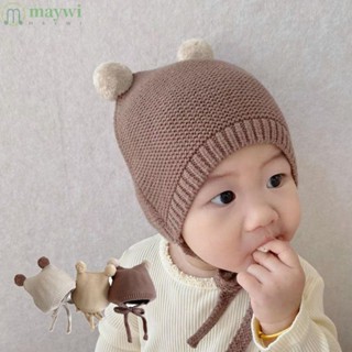 Maywi หมวกถัก ผ้าฝ้าย ปอมปอม ป้องกันหู สีพื้น สําหรับเด็กทารก 4-28 เดือน