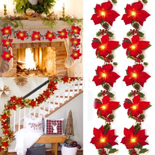 ดอกไม้ประดิษฐ์ Poinsettia / เครื่องประดับตกแต่งต้นคริสต์มาส / เครื่องประดับตกแต่งโต๊ะเบอรี่สีแดง ใบไม้ฮอลลี่ / สายไฟพวงมาลัยคริสต์มาส /