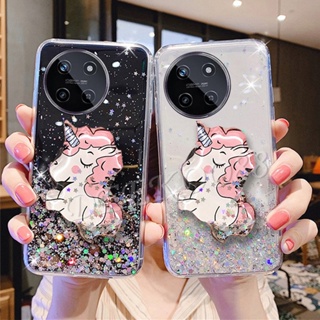 พร้อมส่ง เคสโทรศัพท์มือถือนิ่ม ลายการ์ตูนยูนิคอร์น กลิตเตอร์วิบวับ พร้อมขาตั้ง สําหรับ Realme11 NFC RealmeC51 Realme 11 NFC C51 4G 5G