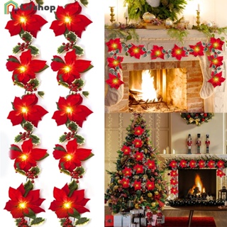 เครื่องประดับตกแต่งต้นคริสต์มาส / ดอกไม้ประดิษฐ์ Poinsettia / เครื่องประดับใบเบอร์รี่สีแดงฮอลลี่ / สายไฟพวงมาลัยคริสต์มาส /