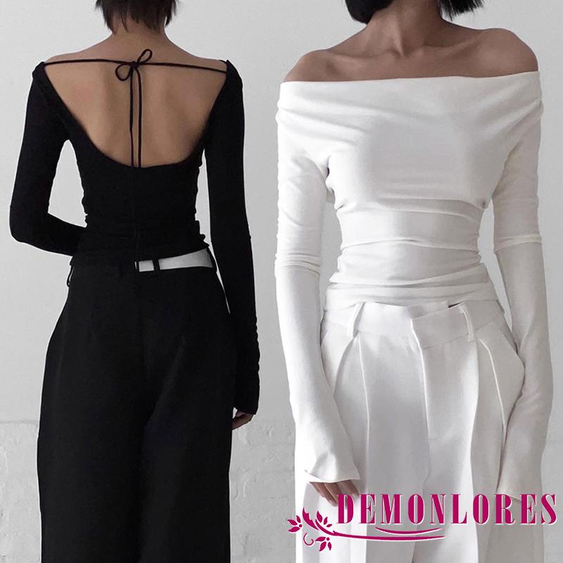 Demonlores-ผู้หญิงสีทึบแขนยาวปิดไหล่backless Tie-up Slim Fitเสื้อยืด