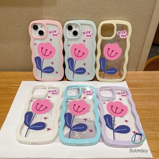 2อิน1 สีม่วงเคสโทรศัพท์คลื่น สำหรับไอโฟน 11 12 13 14 15 Pro Max 7 8 Plus XR X XS MAX SE กันกระแทกนุ่มโปร่งใส ดอกไม้ยิ้ม