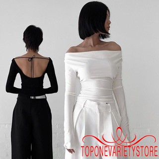 Topone- เสื้อยืดแขนยาว เปิดไหล่ เปลือยหลัง ทรงสลิมฟิต สีพื้น สําหรับผู้หญิง