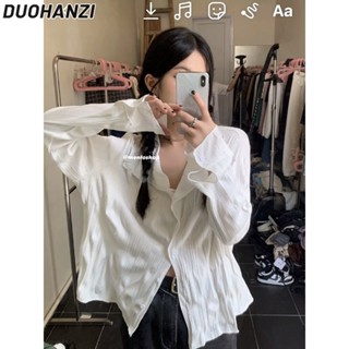 Duohanzi เสื้อเชิ้ต แขนยาว สีขาว เรียบง่าย อเนกประสงค์ สําหรับผู้หญิง