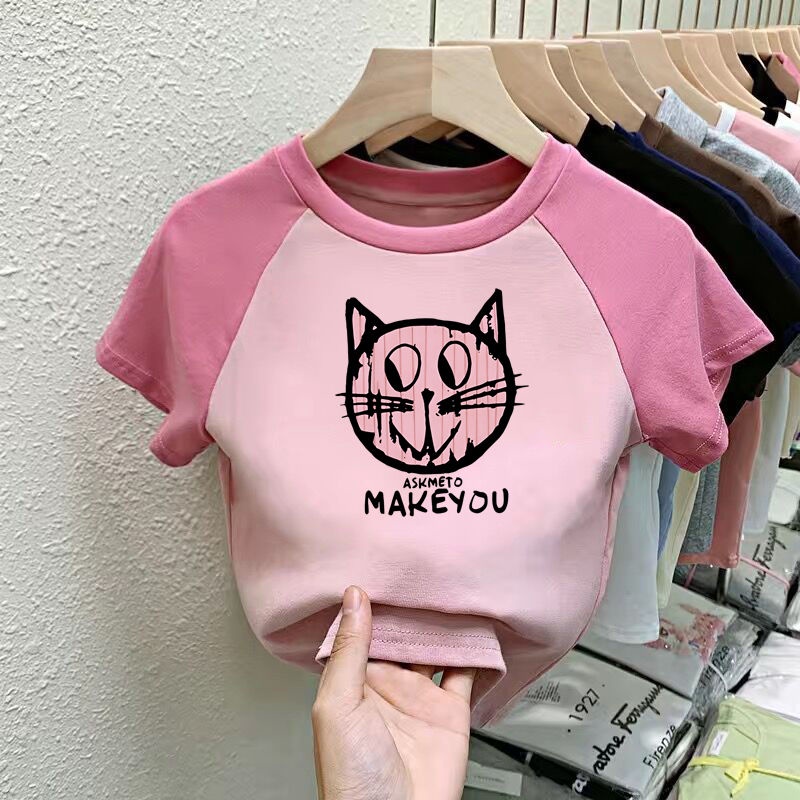 【Cotton Tshirt】เสื้อยืดแขนสั้น ผ้าฝ้าย พิมพ์ลาย Raglan สไตล์เกาหลี สําหรับเด็ก (2-15 ปี)