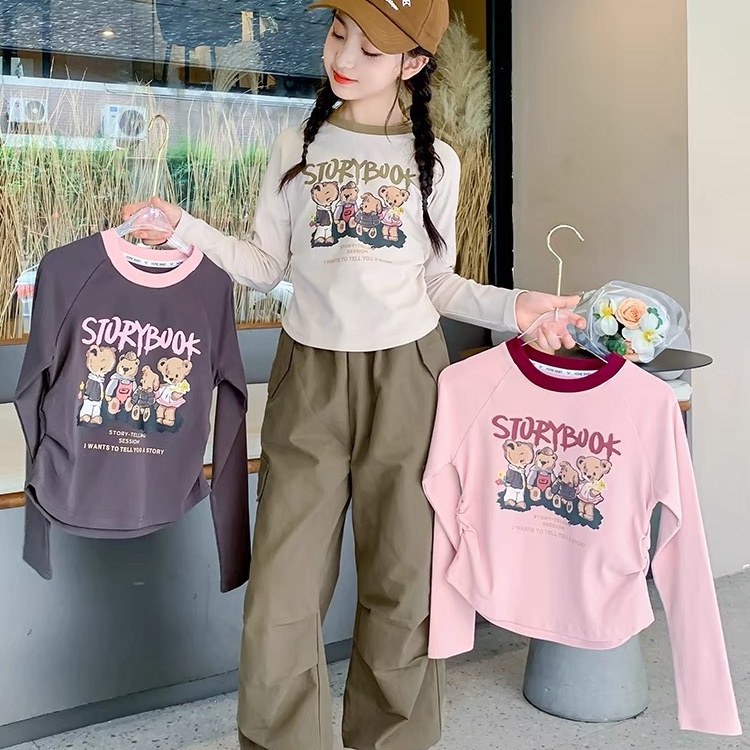 【Cotton Tshirt】เสื้อยืดแขนยาว ผ้าฝ้าย พิมพ์ลายการ์ตูน เข้ารูป แฟชั่นสไตล์เกาหลี สําหรับเด็ก (3-16 ปี)