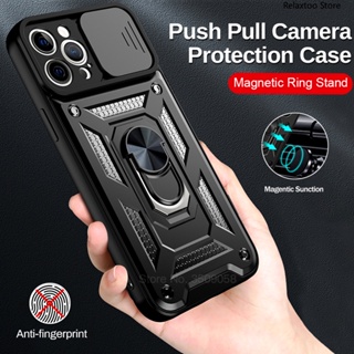 Shockproof Armor Casing For Iphone 15 Pro Max Plus Iphone15 ProMax 15Plus 15Pro 5G 2023 Luxury Push Slide Camera Protect Phone Case Hard Stand Holder Metal Ring Bracket Back Cover