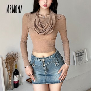 Msmona ใหม่ เสื้อยืดลําลอง สีพื้น ทรงสลิมฟิต เซ็กซี่ แฟชั่นสําหรับสตรี 2023