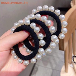 Onehome ยางรัดผมหางม้า แบบยืดหยุ่น ไร้รอยต่อ ประดับไข่มุก สีดํา สําหรับผู้หญิง 5 ชิ้น