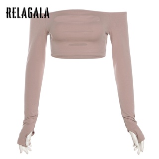 Relagala ใหม่ เสื้อยืดลําลอง แขนยาว เปิดไหล่ สีพื้น เซ็กซี่ แฟชั่นสําหรับสตรี 2023