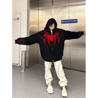 เสื้อคาร์ดิแกนกันหนาว มีฮู้ด ปักลายการ์ตูน Spider Man สไตล์อเมริกันเรโทร สําหรับผู้หญิง