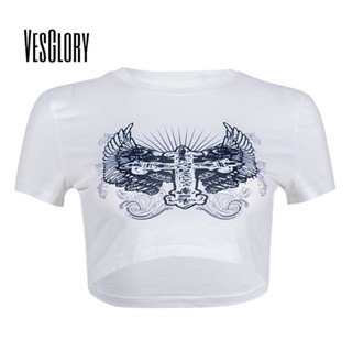 Vesglory เสื้อครอปท็อป คอกลม แขนสั้น พิมพ์ลาย สีพื้น ทรงสลิมฟิต แฟชั่นสําหรับผู้หญิง 2023