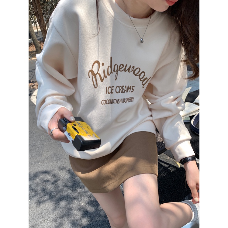 อเมริกันย้อนยุคขนแกะรอบคอหนาเสื้อกันหนาวผู้หญิงหลวมแขนยาวด้านบนนักเรียน ไม่จํากัดเพศ เสื้อสเวตเชิ้ต