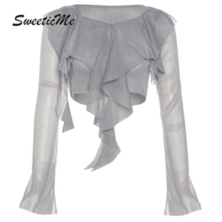 Sweeticme ใหม่ เสื้อยืดซีทรู แขนยาว คอกลม สีพื้น แฟชั่นสําหรับสตรี 2023