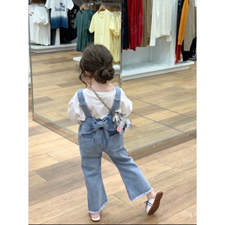 Wheat field season 2023 Spring and Autumn New Korean style childrens wear girls bow denim suspender pants stretch childrens jeans 1AGY