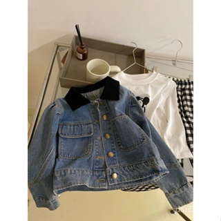 2023 autumn new childrens clothing foreign retro stitching denim jacket girls design sense fried street casual jacket WKUG