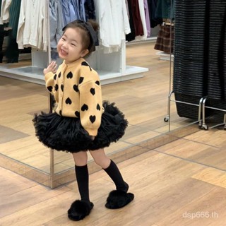 Girls Spring and Autumn 2023 new Korean style love knitted cardigan coat warm top black ocean Pengpeng skirt QNJ2