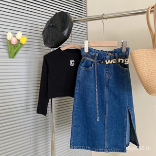 2023 girls spring and autumn new female treasure embroidered letter knitwear foreign versatile denim skirt two-piece trendy M8UA