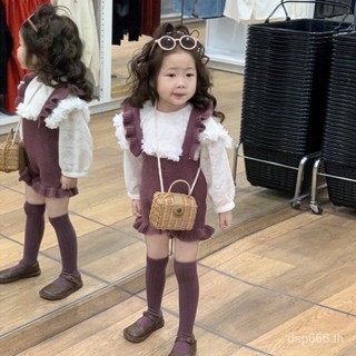 Girls wooden knitted suspender pants 2023 Spring New Girls solid color sweet cute side shorts BASE