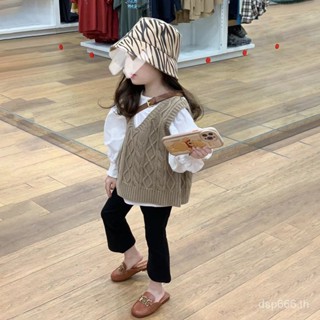 Korean style childrens clothing 2023 spring and summer New Girls Foreign bubble sleeve shirt casual vest flared pants three-piece set 4IMG