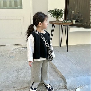 Spring new childrens clothing online celebrity wear girls Korean knitted vest wide-leg pants bottoming shirt three-piece trendy Q2DP