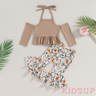 Kidsup1- ชุดเสื้อเปิดไหล่ และกางเกงขาบาน ลายดอกไม้น่ารัก สําหรับเด็กผู้หญิง 2 ชิ้น