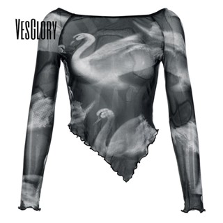 Vesglory เสื้อครอปท็อปแขนยาว คอกลม ทรงไม่สมมาตร พิมพ์ลาย สีตัดกัน แฟชั่นสําหรับผู้หญิง 2023